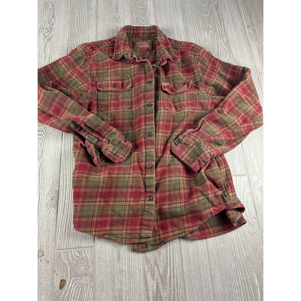 Orvis Mens Flannel Plaid Button Up Shirt Red Green Large Heavyweight Cotton